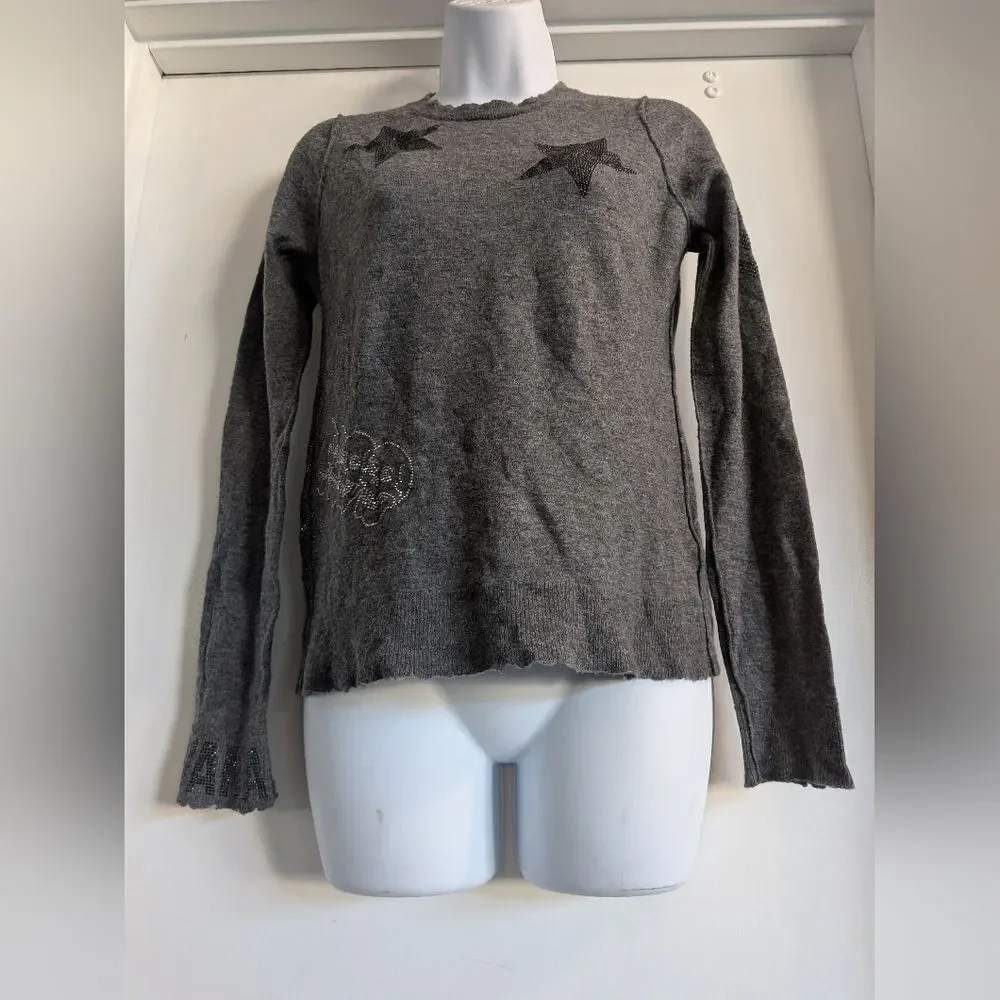 Zadig & Voltaire Gray Cashmere And Beaded Star And Skull Luxury Medium - Picture 4 of 7